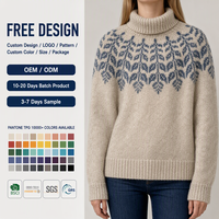 Pull en tricot Fair Isle personnalisé pour femme, col roulé, beige, gris, bleu, motif feuille, fabrication OEM ODM