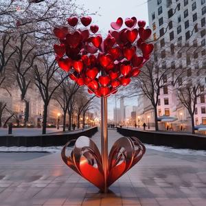 定制现代户外爱情主题公园装饰大喷漆多重红色心形构成抽象金属树雕塑 - Product Image 4
