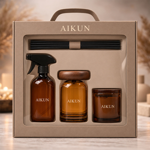 Coffret cadeau de parfum d'ambiance complet en verre ambré Aikun, trois pièces, avec diffuseur à bâtonnets, bougie parfumée et spray d'ambiance, idéal pour les cadeaux d'entreprise - Product Image 2