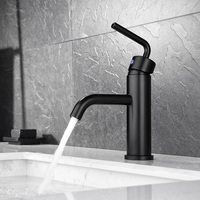 Keran Wastafel Kuningan Solid Hitam Doff, Pegangan Silinder Bulat Satu Lubang, Keran Mixer Kamar Mandi, Pemasangan di Dek, Air Panas Dingin