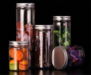 Round barrel shape PET plastic food storage clear cookie jar with lid plastic container for food cosmetic candy nuts