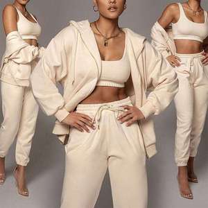 Crop ritsleting katun Hoodie pelari Set penuh Zip up Hoodies Sweatpants 2 dua potong Set wanita pakaian Hoodie dan pelari Set