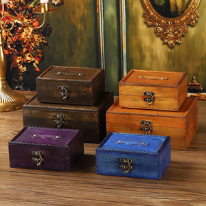 Retro Wooden Storage Box Solid Color <b>Sliding</b> Cover For Home Decor And Photography Props - Product Image 3