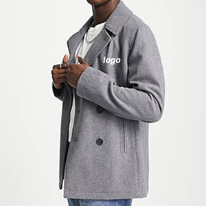 Custom Embroidery logo With High Quality Woolen Fabric Button Placket <strong>Men's</strong> <strong>Pea</strong> <strong>Coat</strong> - Product Image 3