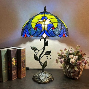 LongHuiJing European Simple LED Table Lamp Blue Stained Glass Lampshade E27 Living Room Adjustable Desk <b>Light</b> H20xW12In - Product Image 1