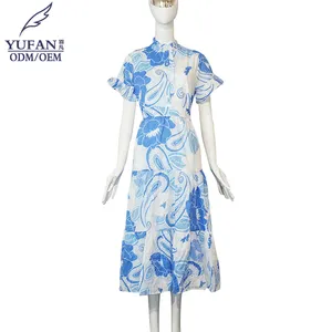 yufan فستان أزرق طويل مخصص بنقشة الزهور جودة عالية خصر عالي فساتين السيدات ملابس الصيف العادية