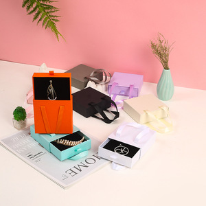 Luxury Jewelry <b>Box</b> Customized Gold Foil Logo Ring Necklace Packaging Cardboard <b>Box</b> Drawstring <b>Box</b> with Ribbon Handle - Product Image 2