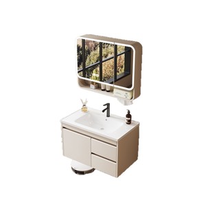 Cream Colored Stainless Steel Bathroom Vanity One-piece Ceramic Basin Cabinet Custom Size Mirror Light Included Baking Paint - Product Image 5