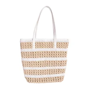 High quality Leisure Hollow Out Beach Woven Handbag Simple Natural Seagrass Big Woven Straw shoulder Tote Bag