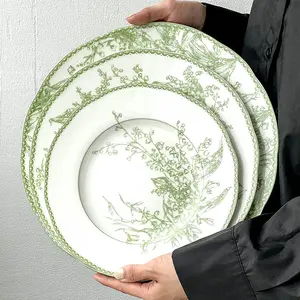 Juego de platos de cena de cerámica para uso de boda platos de cargador de boda con estampado de flores verde claro vintage