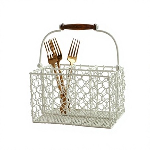 Porta Cubiertos de Metal de Cuatro Secciones con Acabado Blanco, de Lujo, con Base y Asa de Madera Decorativa, Tamaño Personalizable - Product Image 1