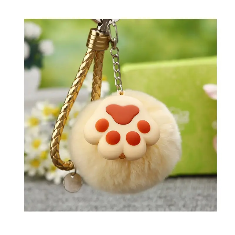 Porte-clés pompon motif patte de chat pour fille, accessoires en peluche avec pendentif et lanière, pour sac à main, idéal comme cadeau de la saint-valentin
