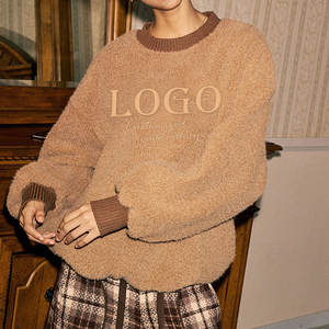 Custom Winter Casual <strong>Oversize</strong> Warm Brown <strong>Fluffy</strong> Sweatshirt Crew Neck <strong>Jumper</strong> with Pockets Sherpa Fleece Pullover Top for Women - Product Image 3