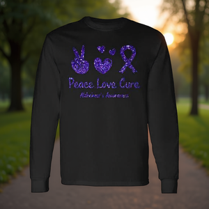 Camiseta de manga larga con gráfico morado de Peace Love Cure Alzheimer's Awareness - Product Image 3