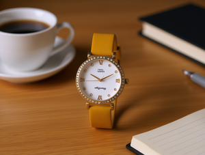 Orologio da donna con cassa rotonda placcata in oro, cinturino in pelle, orologio alla moda - Product Image 2