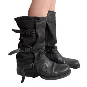 Botas de estilo Wasteland con hebilla de cinturón, negras, holgadas, para mujer, botas vaqueras retro desgastadas, versión de cuero vacuno, botas a media pantorrilla - Product Image 5