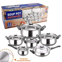 Ensemble de 12 ustensiles de cuisine en acier inoxydable épaissi non magnétique non revêtu, poignées effet bois, fond composite 3 couches, universel