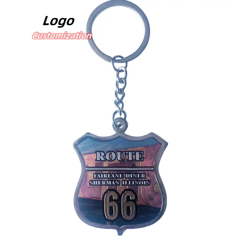 Vente en gros logo 3D personnalisé peluche de luxe Route 66 souvenir cadeau bouclier porte-clés blanc sublimation métal grossistes porte-clés