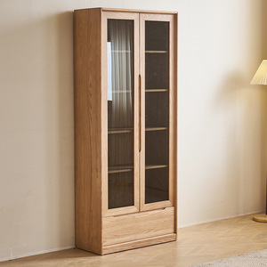 <b>Solid</b> <b>Wood</b> Ash <b>Bookcase</b> With Glass Doors And Shelves Floor Standing Minimalist Modern Style For Home Bedroom Study - Product Image 1