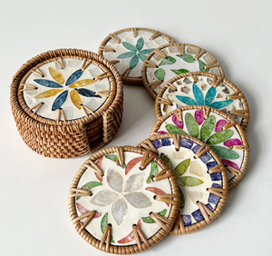 Wholesale Rattan Coasters with Shell Inlay, <b>Round</b> & Square Handwoven Drink Coasters for Cafe & Restaurant - Product Image 2