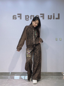 European and American women's fashion: <b>leopard</b> <b>print</b> patchwork, rhinestone-embellished, stand-up collar, long-sleeved casual set - Product Image 6