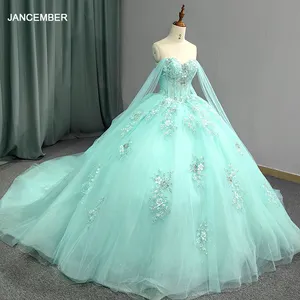 Nuevo diseño vestidos de quinceañera 2024 vestido de fiesta de tul brillante 3D Floral fuera del hombro manga larga vestido de baile 5832