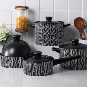 Ensemble de casseroles en céramique à motif géométrique noir et blanc, marmite et casserole avec couvercle, pot émaillé antiadhésif pour la maison - Product Image 1