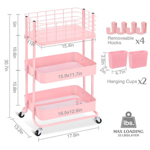 Modern Metal Kitchen <b>Cart</b> Three-Layer Storage Trolley with Wire Baskets and Wooden Top for Food Organization - Product Image 3