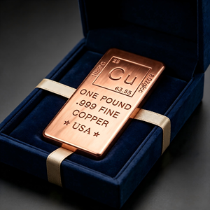 Barra de cobre cepillado brillante de 1 libra, cobre puro .999 con sello de EE. UU., elegante caja de regalo y cinta para regalo corporativo - Product Image 1