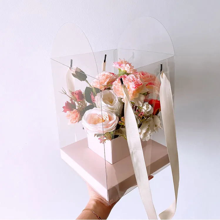 กล่องของขวัญดอกไม้อะคริลิคใสสำหรับคุณแม่,กระเป๋าทรงสี่เหลี่ยมแบบใสพลาสติกอะคริลิคหรูหรา