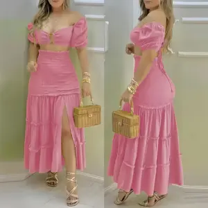 2024 Hot New Sweet Fashion Solid Color Short-Sleeved Color Matching Long Dress For Women