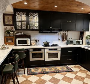 BALOM Customized Vintage Black Kitchen <b>Cabinets</b> - Retro Furniture with Stained Glass Accents & Open Storage Organization - Product Image 5