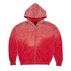 Custom Logo Men's Vintage Flooded Rhinestones Zip Hoodie Cotton Blended Breathable Streetwear Acid Wash Hoodie For Men - Product Image 1