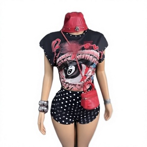Ensemble deux pièces d'été pour femme en coton peigné respirant, style streetwear, comprenant un débardeur sans bretelles à motif clou et un short à pois longueur genou - Product Image 4