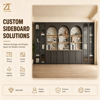 Buffet mural moderne gris anthracite avec portes en verre cannelé cintrées et étagères en bois clair, qualité professionnelle