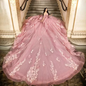 chinese dress ladies Pink Off Shoulder Tulle with Flowers Ball Gown Sweet 16 Dress, Pink Qu –  Cutedressy main image 0
