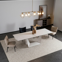 Table à manger extensible moderne avec plateau en céramique rectangulaire, cadre en acier au carbone, revêtement en poudre blanche