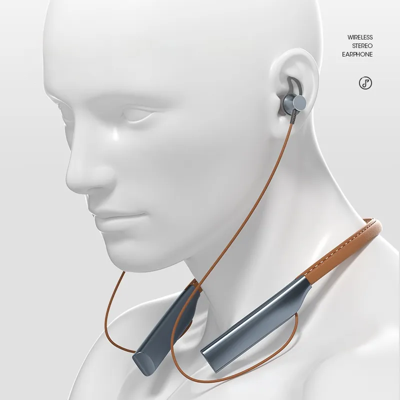 Prise en charge des écouteurs intra-auriculaires stéréo à carte TF, conception de sangle de cou en cuir, bouchons d'oreille de sport, écouteurs magnétiques, écouteurs sans fil