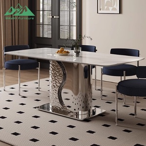Table à manger Wayon en pierre frittée de luxe avec base en acier inoxydable miroir à effet d'ondulation de l'eau, table moderne haut de gamme pour hôtel et villa - Product Image 1