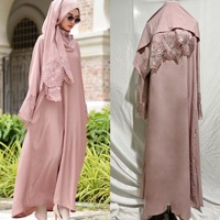 Élégante Robe Longue Abaya Musulmane pour Femme de Dubaï, Style Malais et Indonésien, avec Garniture en Dentelle Florale et Strass, Incluant Hijab