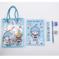 Útiles Escolares Kawaii, Juego de Papelería Portátil con Diseño de Dibujos Animados, Cuaderno, Sacapuntas, Borrador, Multicolor (Azul, Verde, Rosa, Morado)