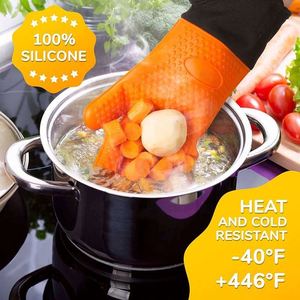 BBQ Silicone <b>Gloves</b> 15'' Extra <b>Long</b> Heat Resistant Grilling Cooking Pot Holders Silicone Mitts with Quilted Cotton Lining - Product Image 3