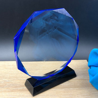 Trophée en verre cristal K9 vierge, design personnalisé, gravure, plaque de trophée ronde bleue en forme d'octogone