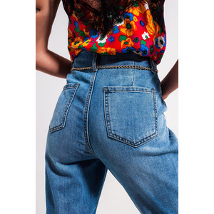 กางเกงยีนส์ทรงตรงเอวสูงแต่งเข็มขัด สีไลท์วอช - Product Image 1