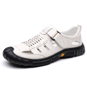 Men's <b>Closed</b> <b>Toe</b> Breathable Genuine Leather Flat <b>Sandals</b> Casual Summer Outdoor Shoes With Strap White Size 42 - Product Image 5