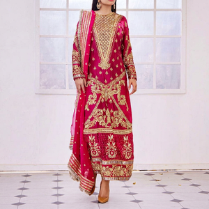 Costume Salwar Kameez en soie brodée marron pour femmes, robe de mariage indienne pakistanaise longue jusqu'au sol - Product Image 1