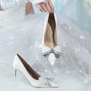 Zapatos de Novia Blancos Satinados para Mujer, Tacones Mujer 2025, Zapatos de Tacón Alto con Punta en Pico y Lazo para Vestido de Fiesta Formal - Product Image 3