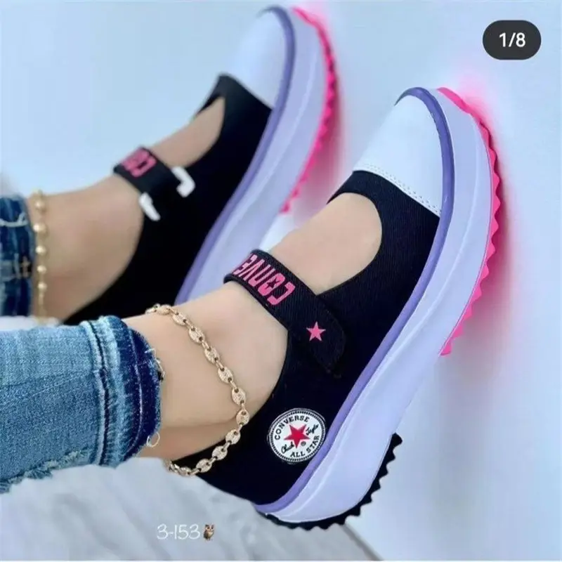 Factory Make Custom New 2023 Spring Round Toe Canvas Shoes Women'S Low-Top Thick-Soled Sneaker Shoes