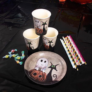 Vaisselle jetable pour fête d'Halloween sur le thème des fantômes et des citrouilles, assiettes en papier, gobelets, ensemble de vaisselle - Product Image 4