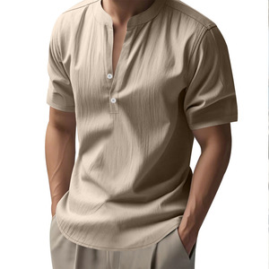Men's Light Sleeve V-Neck Cotton Poplin Casual Shirt Regular Fit Solid Color Breathable Woven Fabric T-shirt - Product Image 2